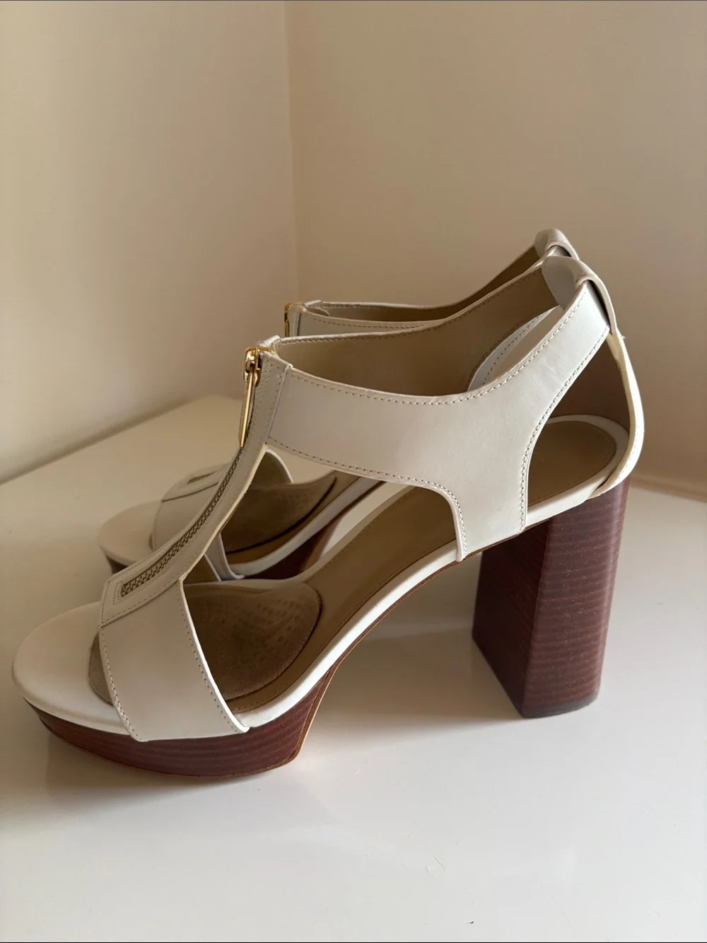 Michael Kors Cream Leather T-Strap Block Heel Sandals with Gold Zip